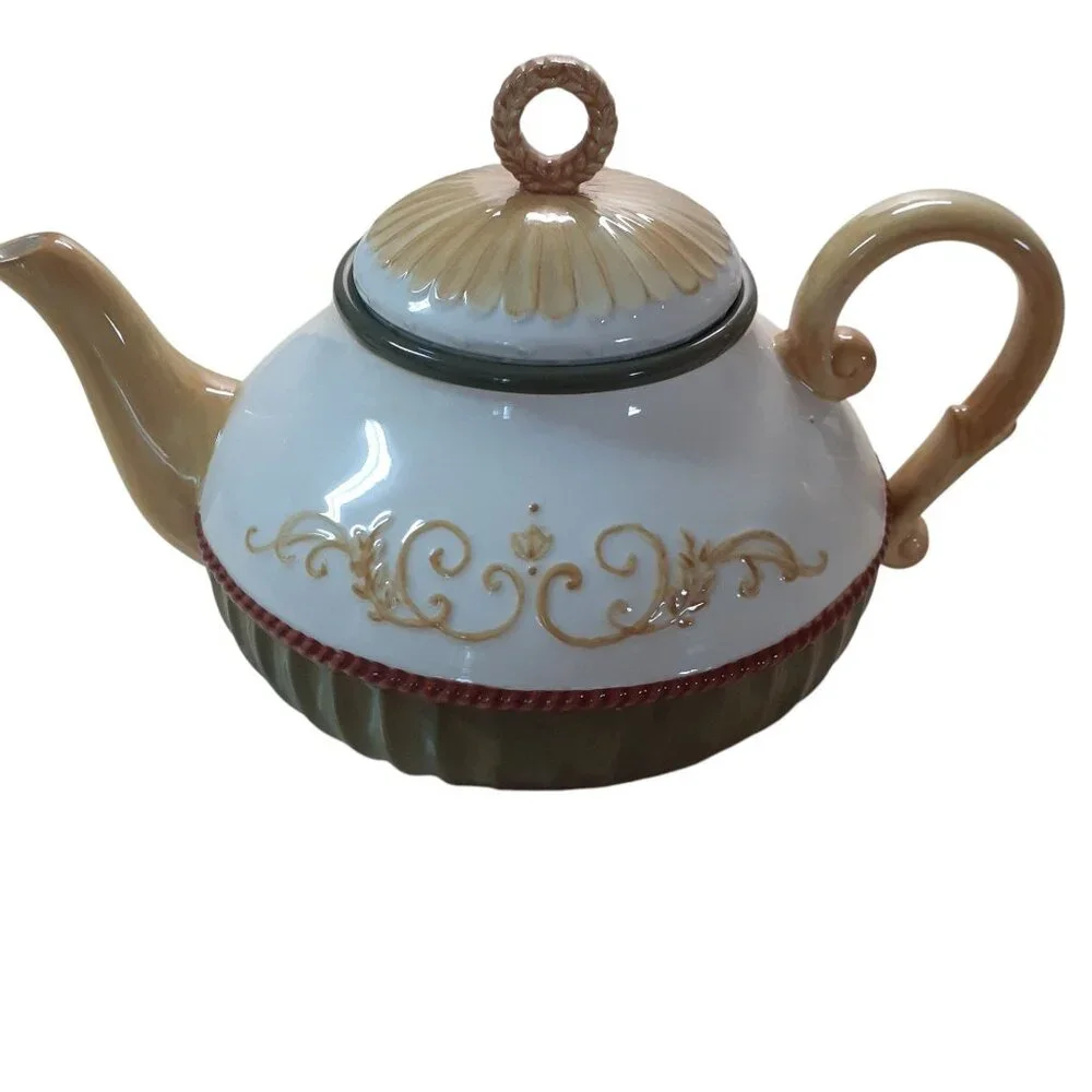Porcelain Tea Pot with Lid White Green - Picture 1 of 4